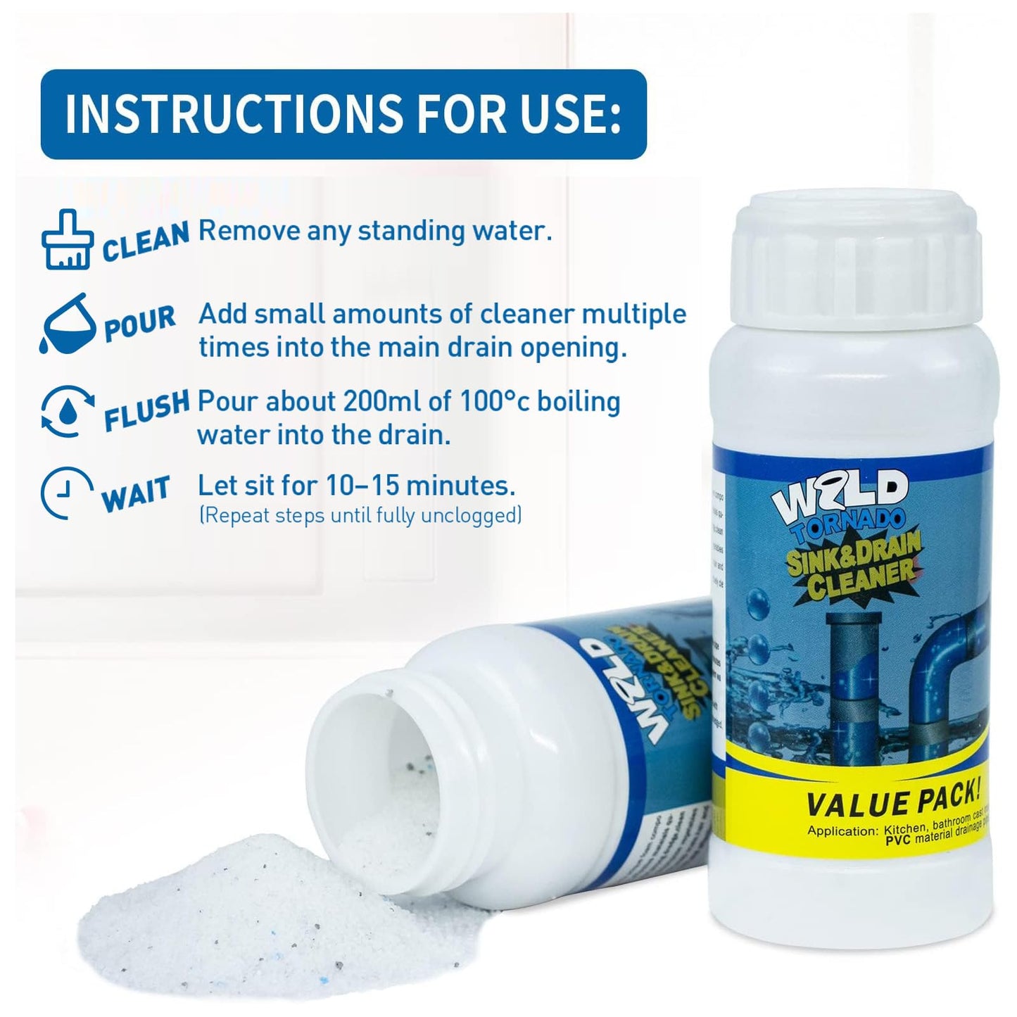 Wild Tornado Pipe Dredge,Powerful Sink Cleaner Powder Fast Foaming for Kitchen Toilet Pipeline Quick Cleaning Tool(2pcs)