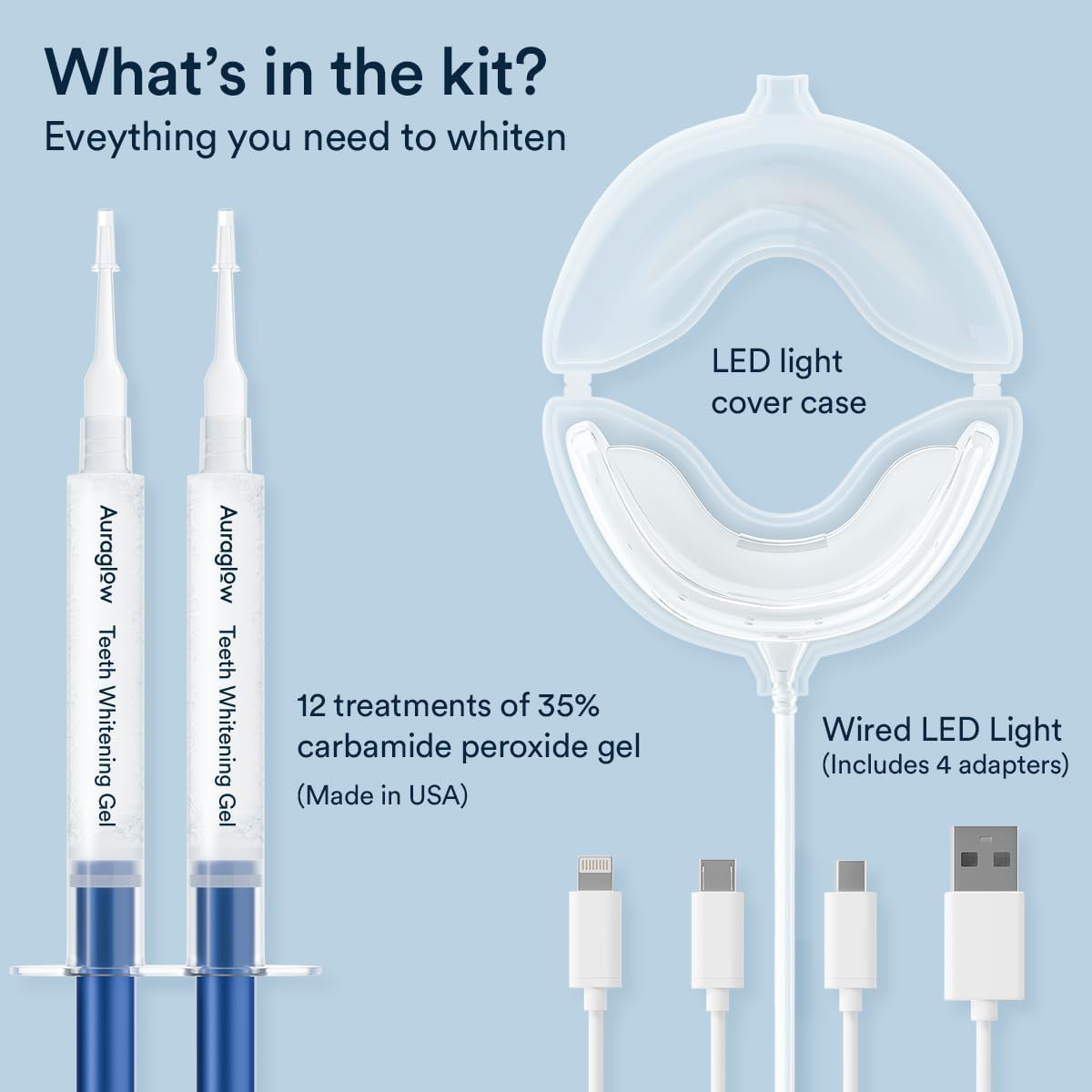 Auraglow Teeth Whitening Kit, LED Accelerator Light, 35% Carbamide Peroxide Teeth Whitening Gel, 20+ Whitening Treatments, Whitens up to 10 Shades in 7 Days