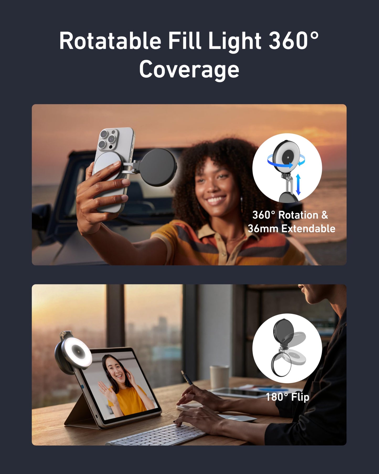 TELESIN C03 Magnetic Selfie Light, Phone Light Compatible with iPhone Magsafe, CRI97 360° LED Selfie Ring Fill Light with Mirror for Selfies/Photography/TikTok/Zoom Calls/Video Conference