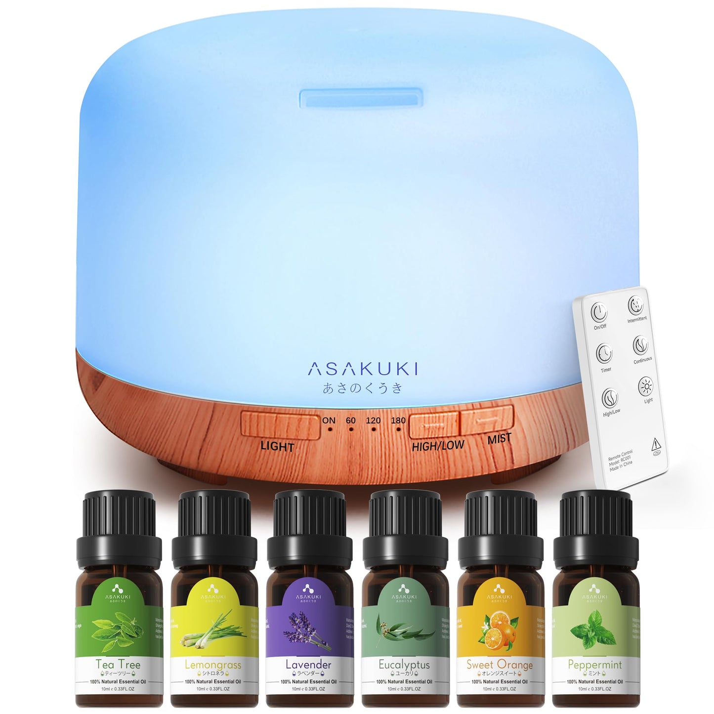 ASAKUKI Essential Oil Diffuser for Home, 500ML Aromatherapy Diffuser Humidifier with Remote Control, 7 Color LED Lights, Quiet Cool Mist Diffuser for Bedroom, Office, Gift for Mom (Yellow)