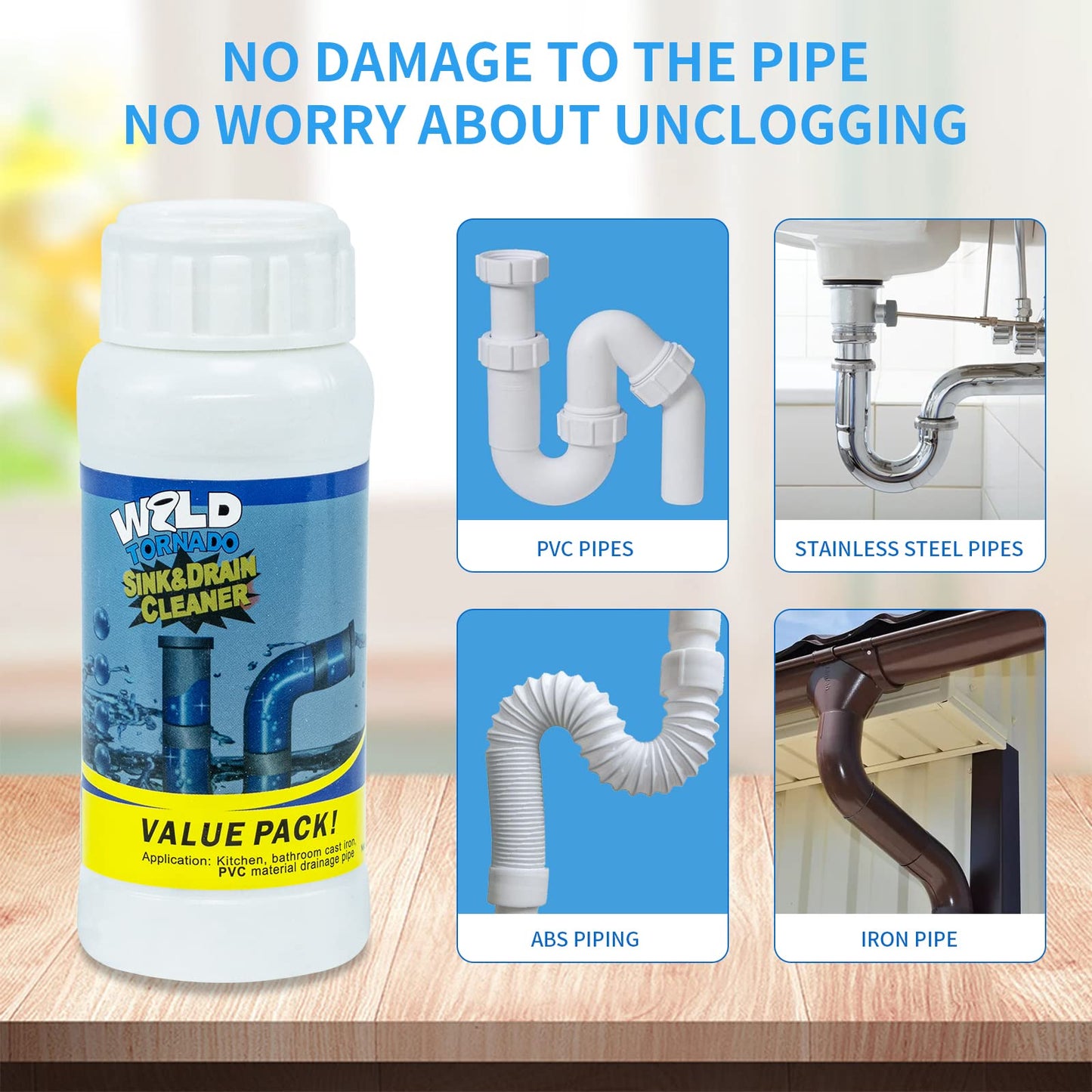 Wild Tornado Pipe Dredge,Powerful Sink Cleaner Powder Fast Foaming for Kitchen Toilet Pipeline Quick Cleaning Tool（2pcs）