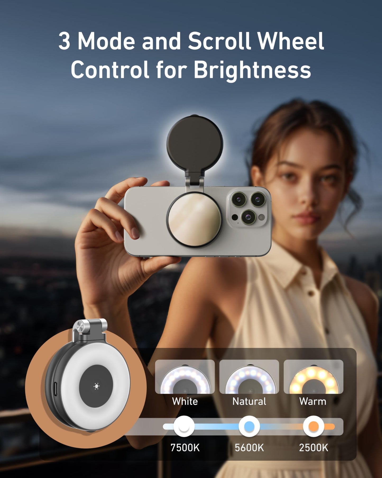 TELESIN C03 Magnetic Selfie Light, Phone Light Compatible with iPhone Magsafe, CRI97 360° LED Selfie Ring Fill Light with Mirror for Selfies/Photography/TikTok/Zoom Calls/Video Conference