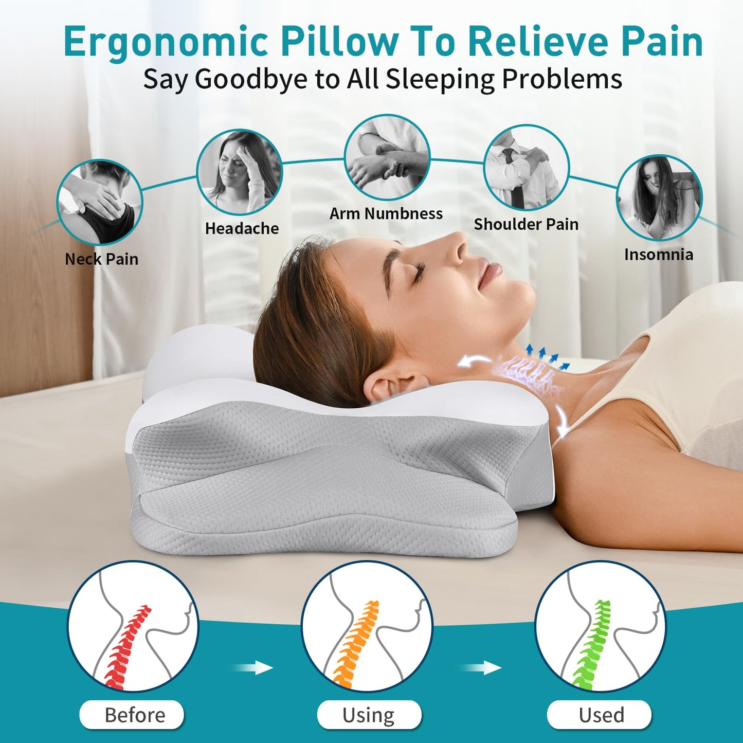 Besyodo Cervical Neck Pillow for Pain Relief - Ergonomic Memory Foam Pillow for Sleeping, Contour Side Sleeper Pillow for Neck Support, Cooling Orthopedic Pillow Bed Pillow for Back Stomach Sleepers