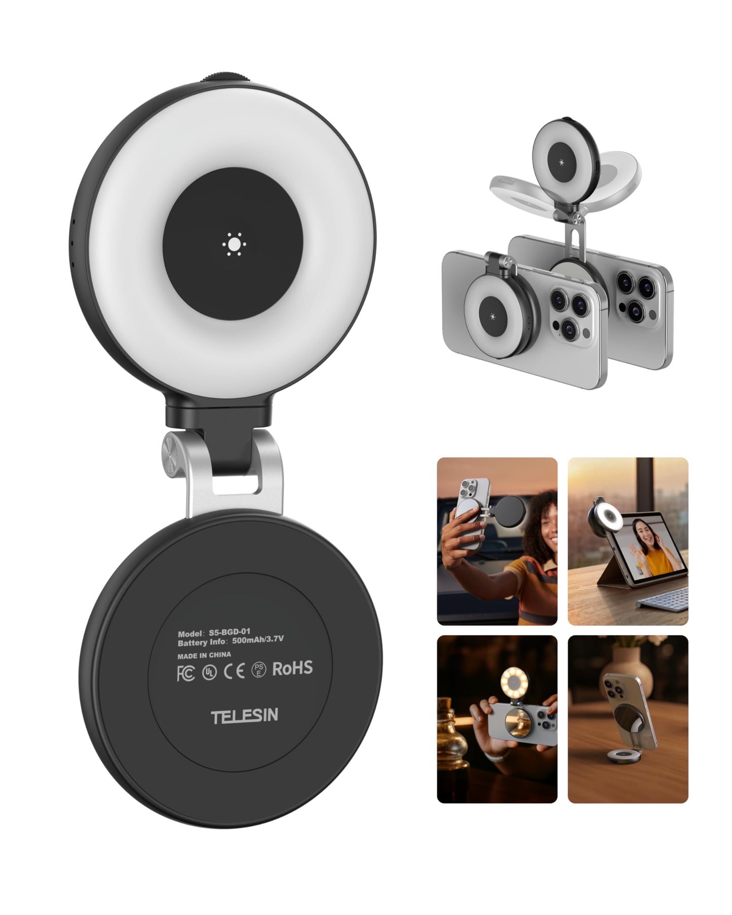 TELESIN C03 Magnetic Selfie Light, Phone Light Compatible with iPhone Magsafe, CRI97 360° LED Selfie Ring Fill Light with Mirror for Selfies/Photography/TikTok/Zoom Calls/Video Conference