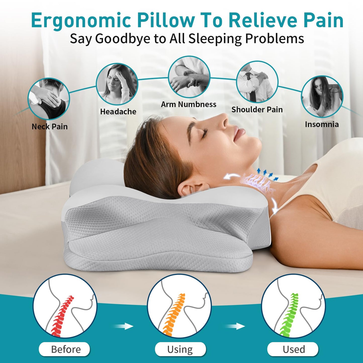 Besyodo Cervical Neck Pillow for Pain Relief - Ergonomic Memory Foam Pillow for Sleeping, Contour Side Sleeper Pillow for Neck Support, Cooling Orthopedic Pillow Bed Pillow for Back Stomach Sleepers