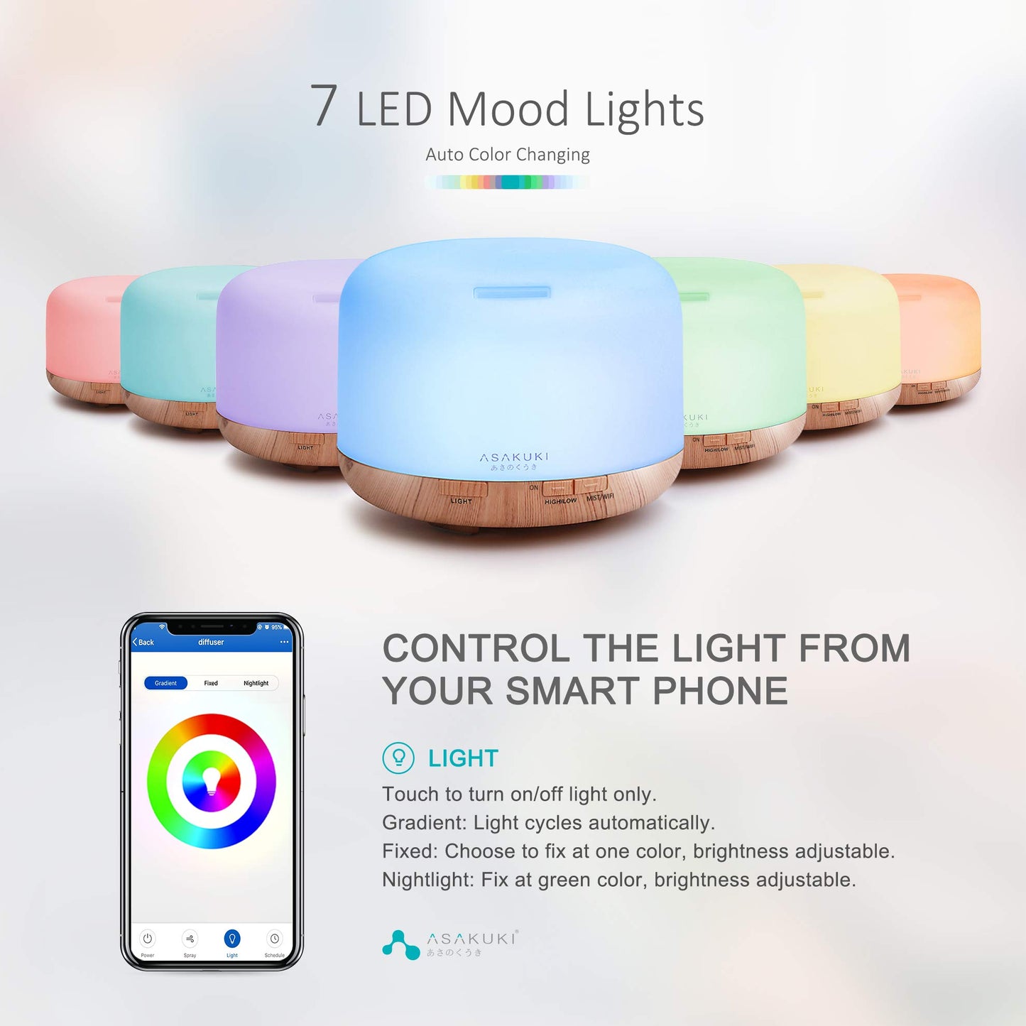 ASAKUKI Essential Oil Diffuser for Home, 500ML Aromatherapy Diffuser Humidifier with Remote Control, 7 Color LED Lights, Quiet Cool Mist Diffuser for Bedroom, Office, Gift for Mom (Yellow)