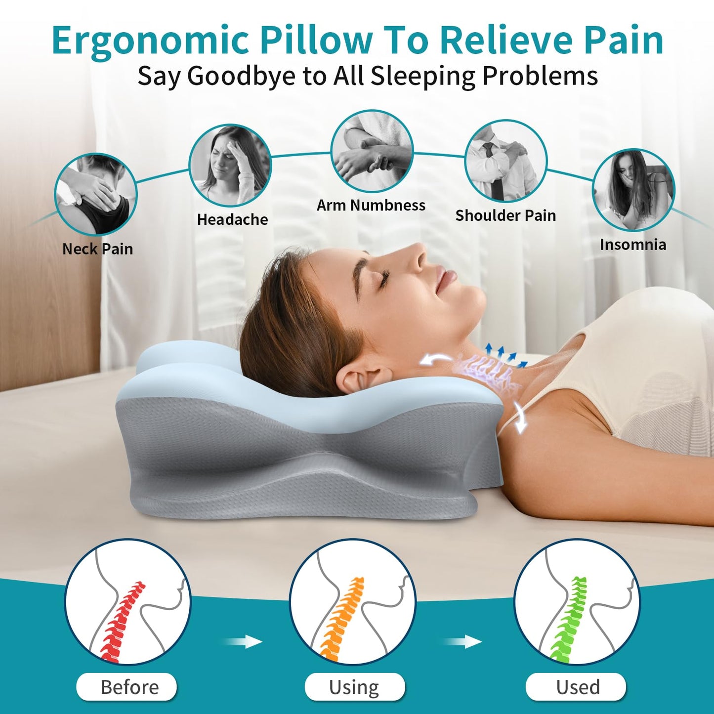 Besyodo Cervical Neck Pillow for Pain Relief - Ergonomic Memory Foam Pillow for Sleeping, Contour Side Sleeper Pillow for Neck Support, Cooling Orthopedic Pillow Bed Pillow for Back Stomach Sleepers