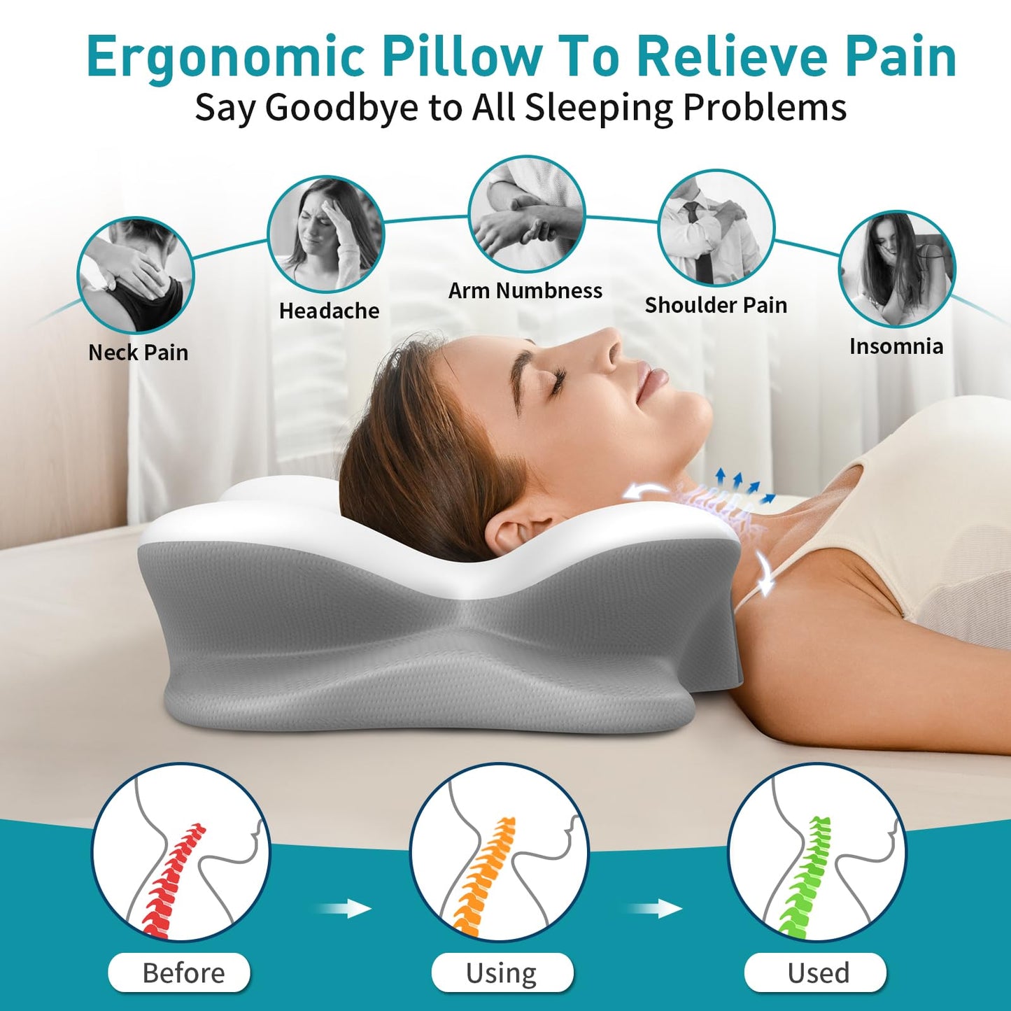 Besyodo Cervical Neck Pillow for Pain Relief - Ergonomic Memory Foam Pillow for Sleeping, Contour Side Sleeper Pillow for Neck Support, Cooling Orthopedic Pillow Bed Pillow for Back Stomach Sleepers