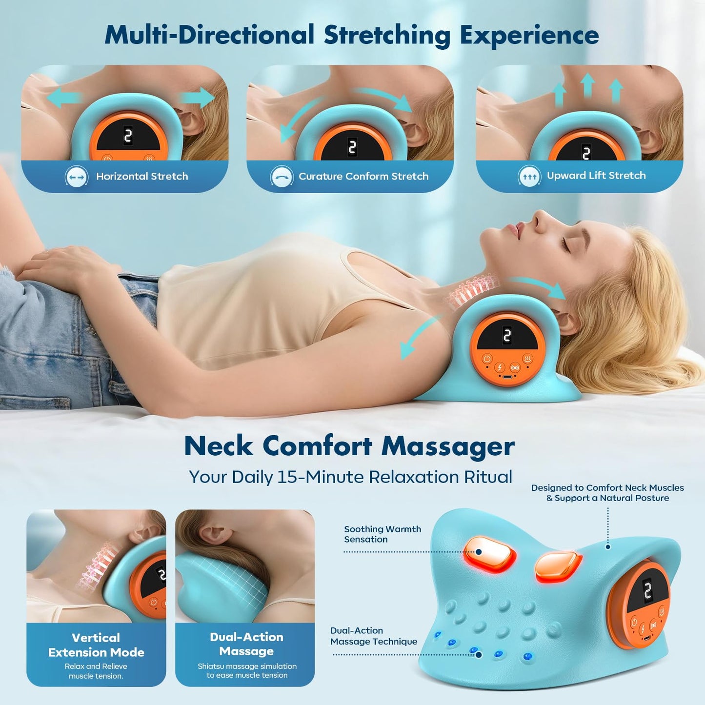 Smedz Neck Massager 2026 New Upgrade 3 in 1 Portable Massager with Heat and Comfortable Stretching - Adjustable Intensity for Neck and Shoulder Relaxation at Home, Office