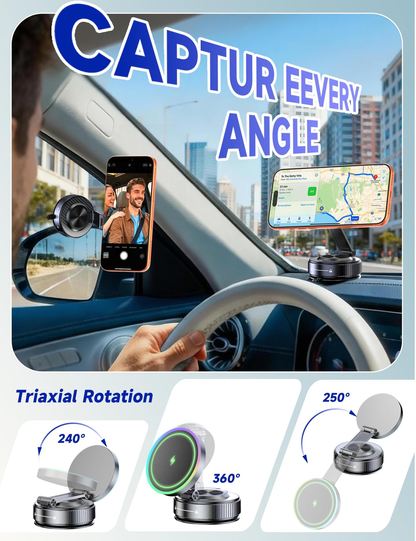 for Magsafe Car Mount Charger, 15W Faster Charging Wireless Car Charger [105+LBS Suction & 3800gf Magnetic] 360° Adjustable, Magnetic Phone Holders for Your Car for iPhone & Android