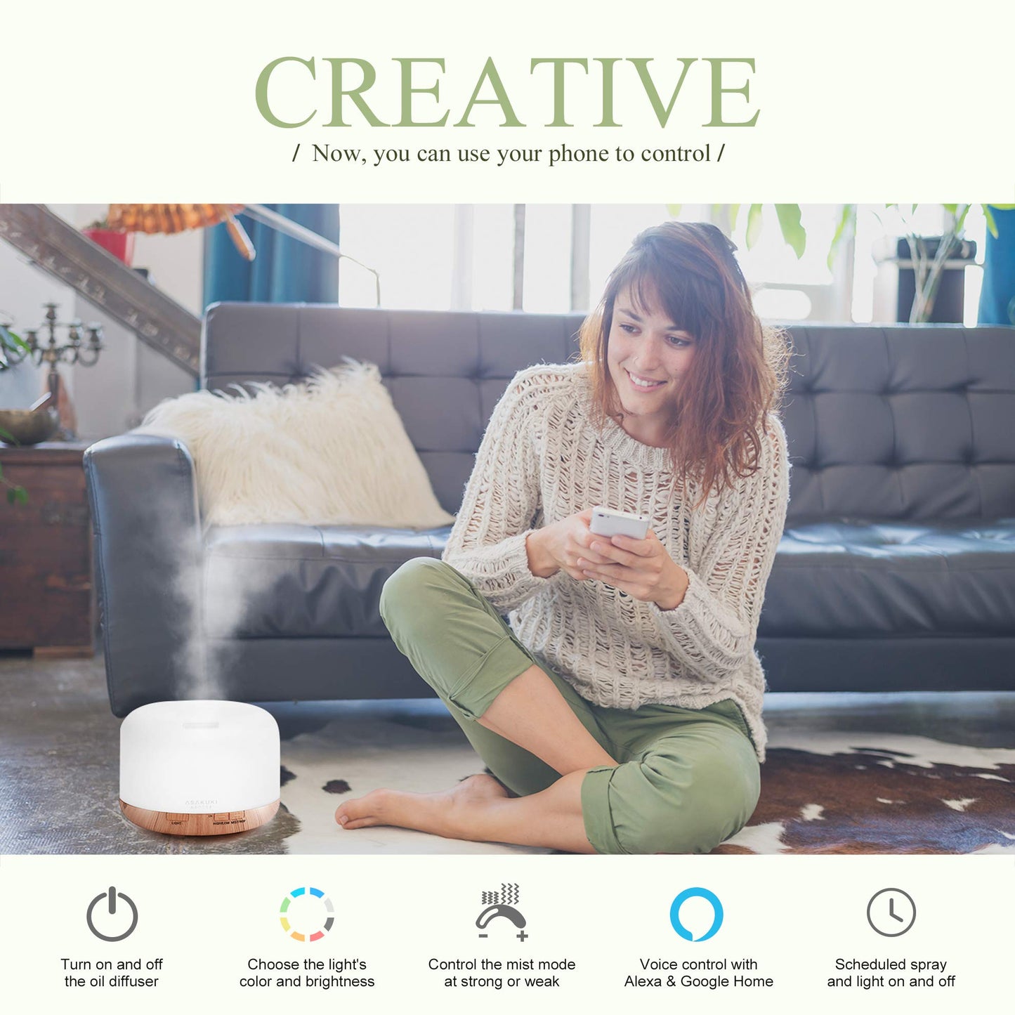ASAKUKI Essential Oil Diffuser for Home, 500ML Aromatherapy Diffuser Humidifier with Remote Control, 7 Color LED Lights, Quiet Cool Mist Diffuser for Bedroom, Office, Gift for Mom (Yellow)